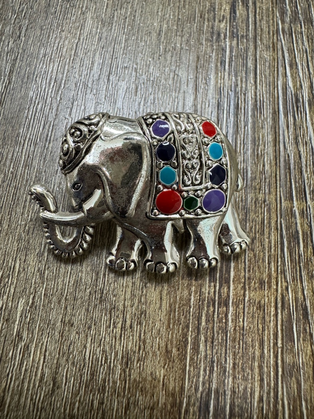 Decorative Silver Elephant Accent with Multicolor Inlay Pin Or Pendant